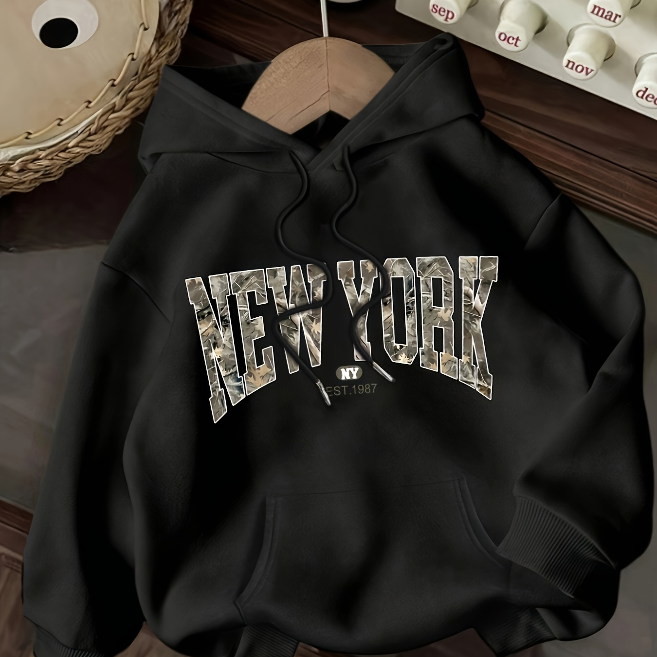 [Cozy NY Hoodie] Cozy Black NY Graphic Hoodie | Women's Casual Pullover Sweatshirt with Kangaroo Pocket, Long Sleeve, Fall/Winter Wear, Polyester, Machine Washable, Sweater Hoodie, Bold "NEW YORK" Print