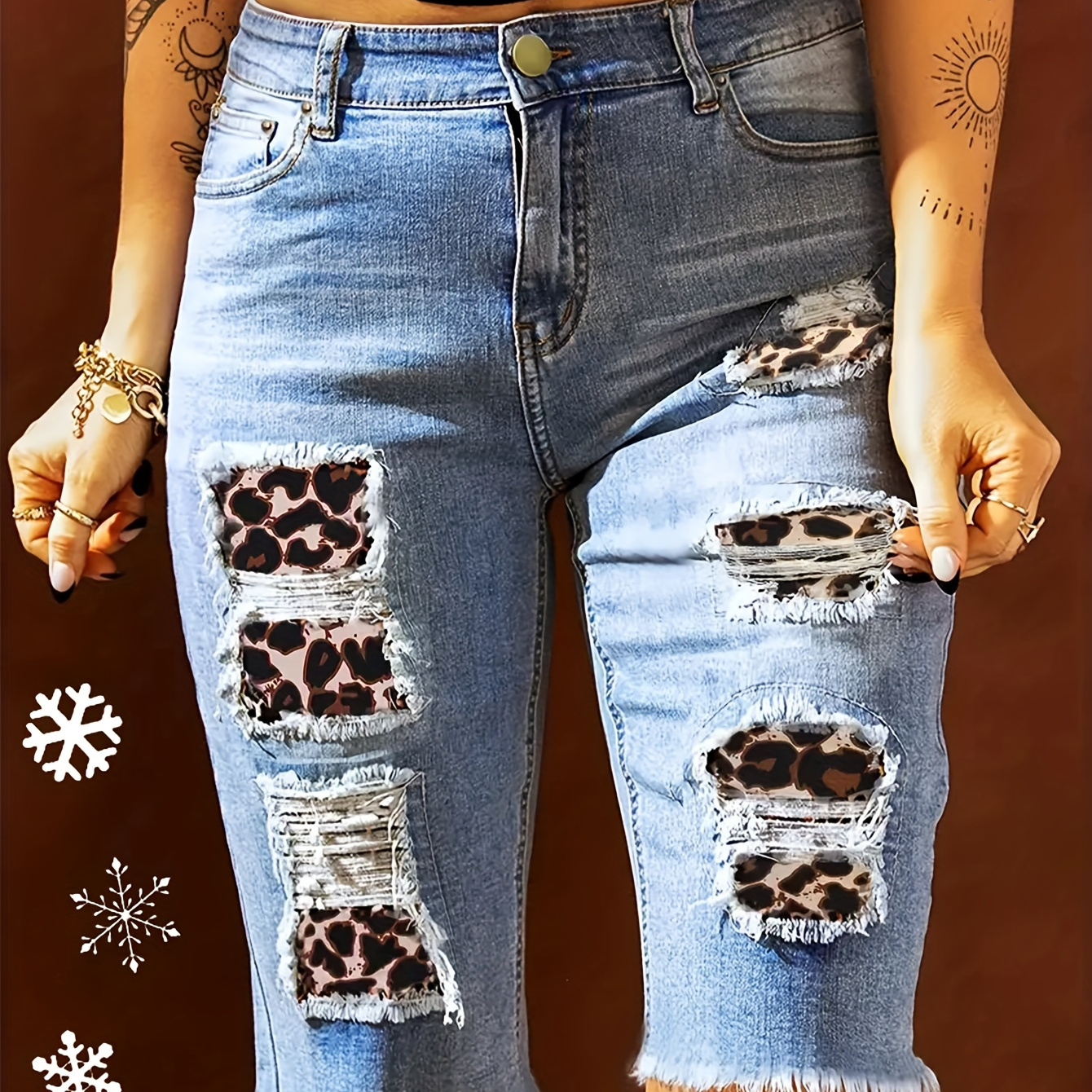 

Women's Fashion Bermuda Shorts Jeans, Casual Style, Ripped Denim With Leopard Print Patchwork, Frayed Hem, Stretch Fit