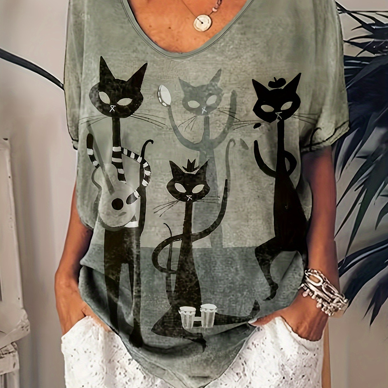 

T-shirt à manches courtes imprimé chat, haut décontracté pour le printemps et l'été, vêtements pour femmes