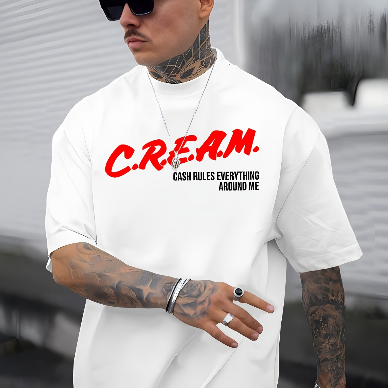 

Cream Letter Print Tee Shirt, Tees For Men, Casual Short Sleeve T-shirt For Summer