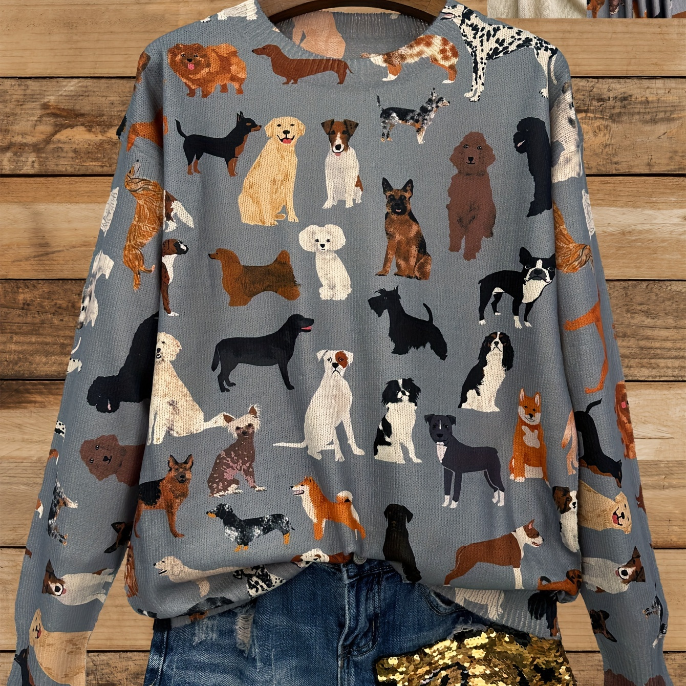 

Pull léger pour femme à col rond et manches longues, avec un imprimé intégral d'un groupe de chiens dans un design élégant et décontracté.