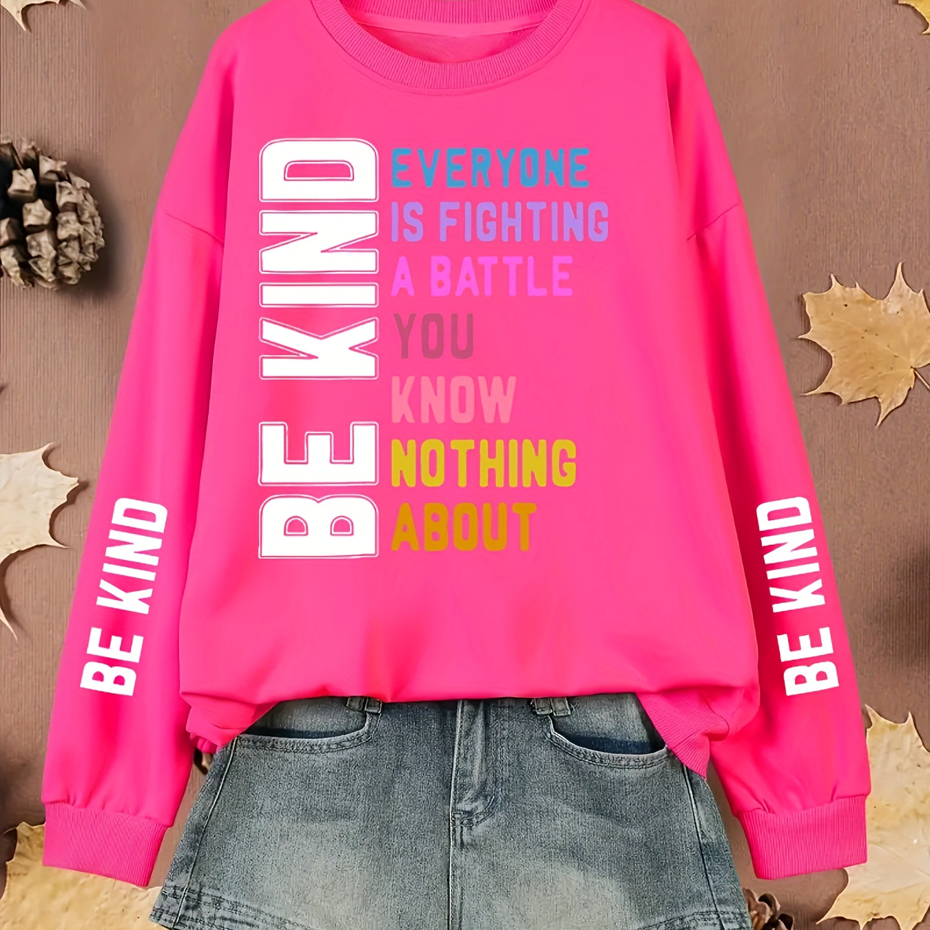 

Plus Size Be Kind Print Pullover Sweatshirt, Casual Long Sleeve Crew Neck Sweatshirt For Fall & Spring, Women's Plus Size Clothing