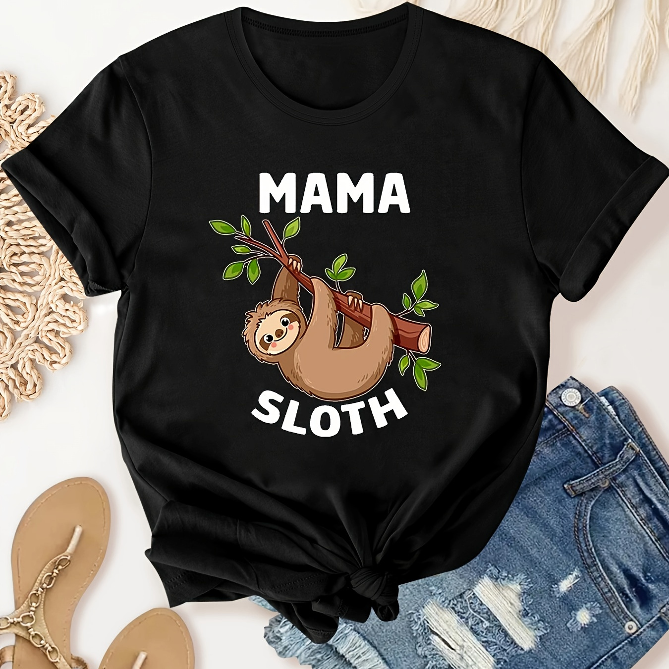 

Mama Sloth Print T-shirt, Crew Neck Short Sleeve T-shirt, Casual Sport Tops, Women's Clothing