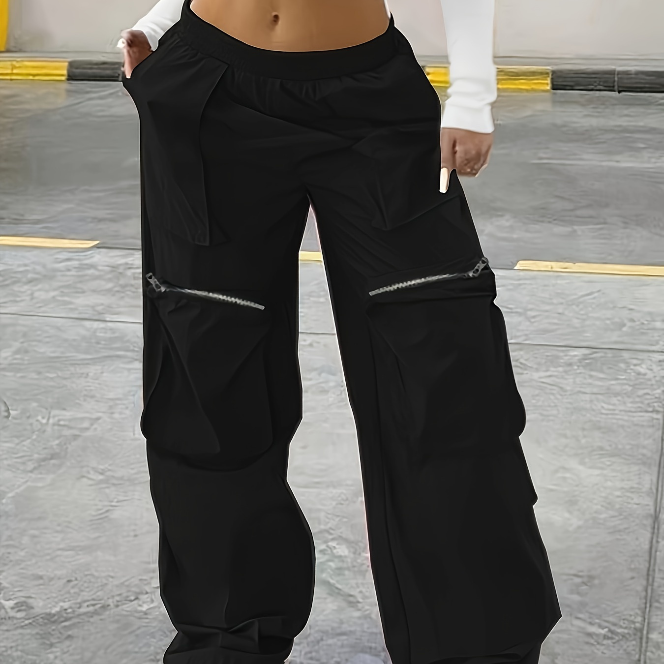 

Zipper Pockets Loose Fit Cargo Pants, Casual & Versatile Low Waist Wide Leg Street Wear Pants For Spring & Summer, Women's Clothing