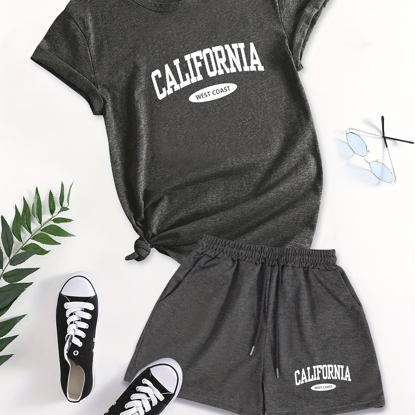 

California Print Casual Shorts Set, Crew Neck Short Sleeve T-shirt & Elastic Waist Slant Pocket Drawstring Shorts Outfits, Women's Clothing