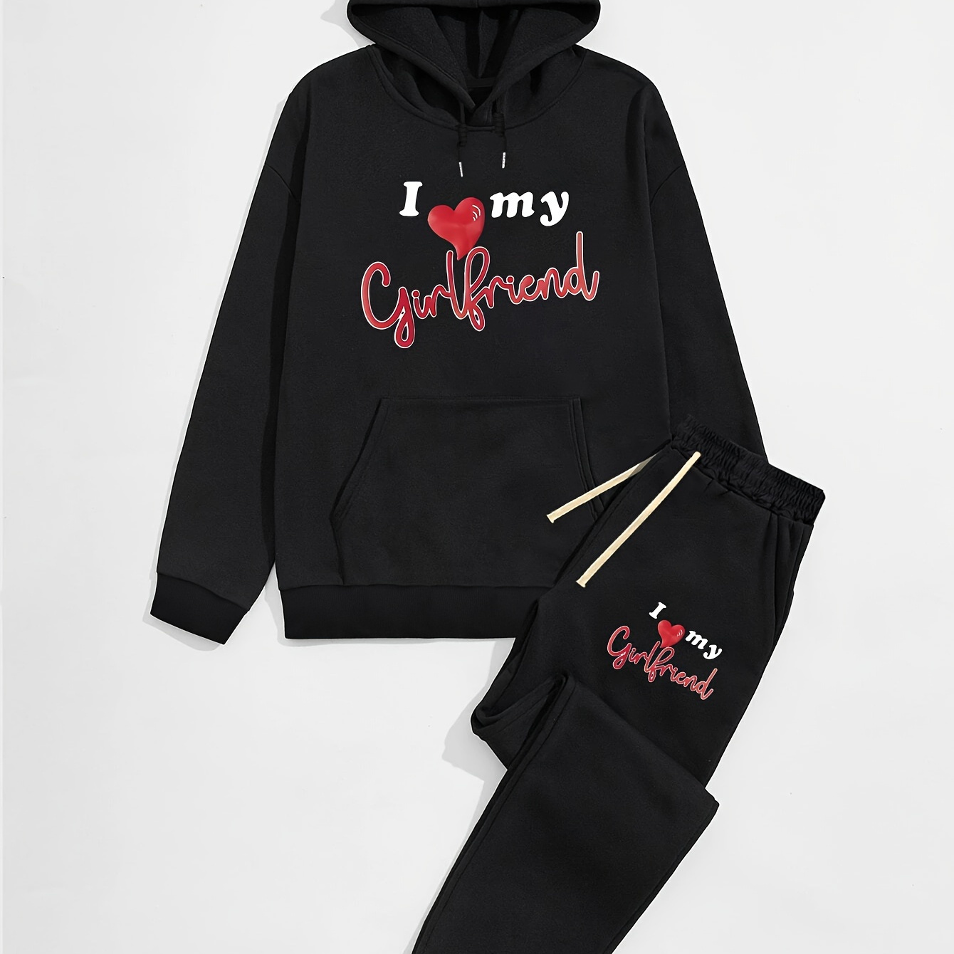 

Casual 2pcs Set, Men's "i Love My Girlfriend" Print Hoodie & Drawstring Sweatpants Matching Set For Fall Winter