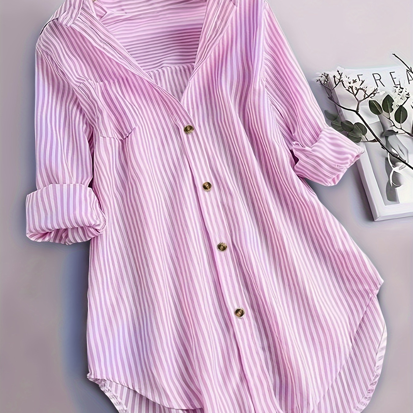 

Elegant Women's Striped Shirt Blouse - 100% Polyester Long Sleeve Lapel Collar Button Detail Woven Top For All