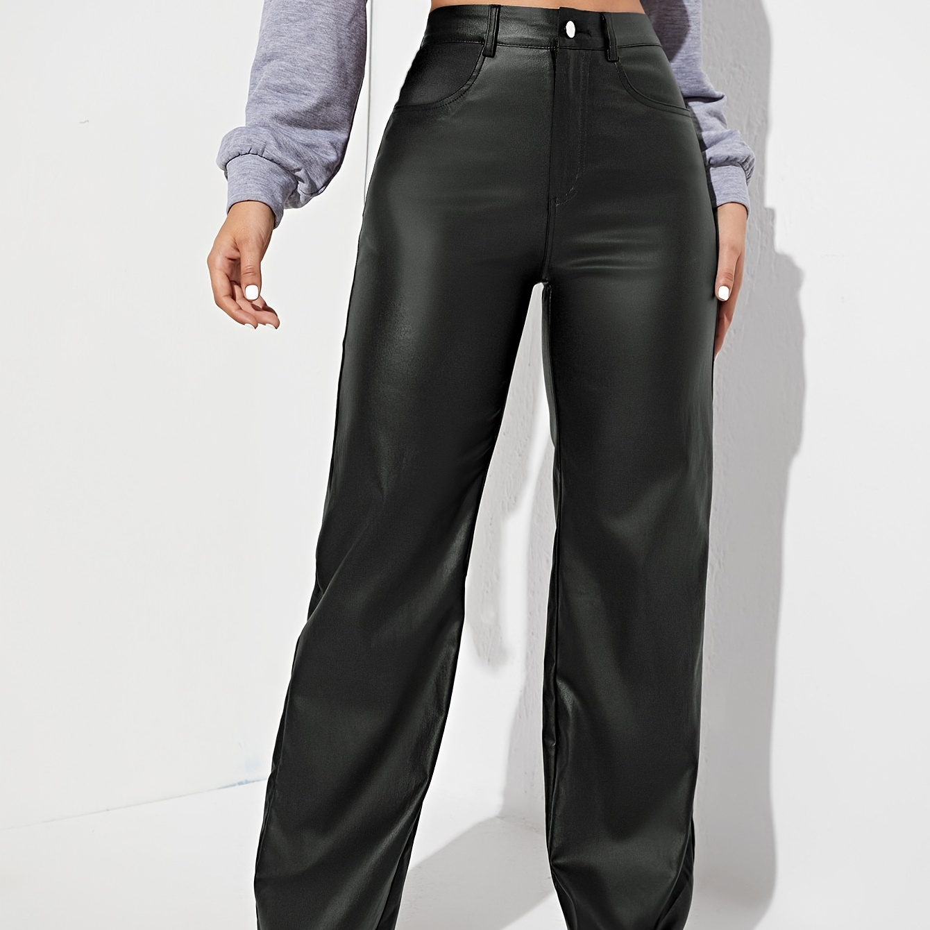 

Pantalon Droit en Similicuir de Couleur Unie Élégant pour Femme - Extensible & Non Transparent, pour Toutes les