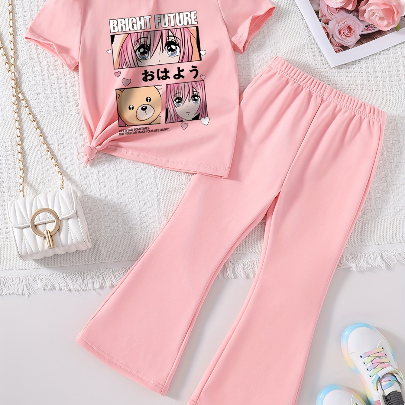 

Girls Anime Cartoon 2pcs Figure Graphic Print Short Sleeve Top & Flare Leg Pants Set, Casual 2-piece Summer Outfit For Girls