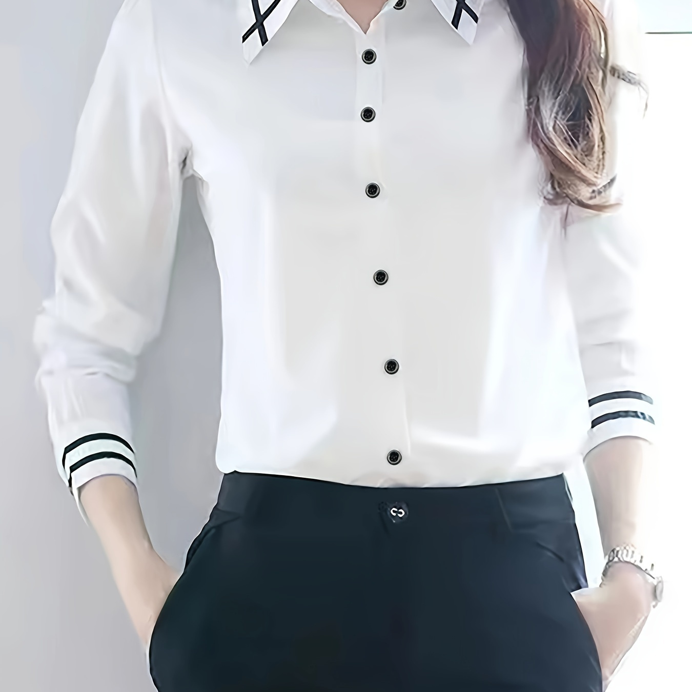 

Contrast Trim Button Front Shirt, Casual Long Sleeve Shirt For Spring & Fall, Women's Clothing