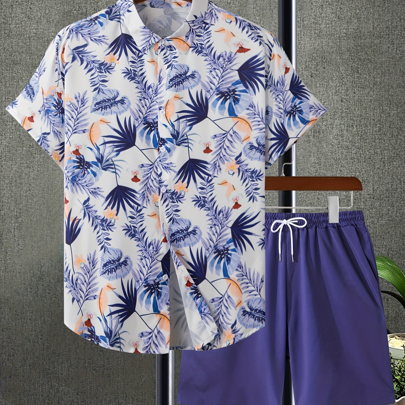 Men's Hawaiian Style 2Pcs Outfits, Tropical Leaf Graphic Print Shirt Shorts Set For Summer, Plus Size