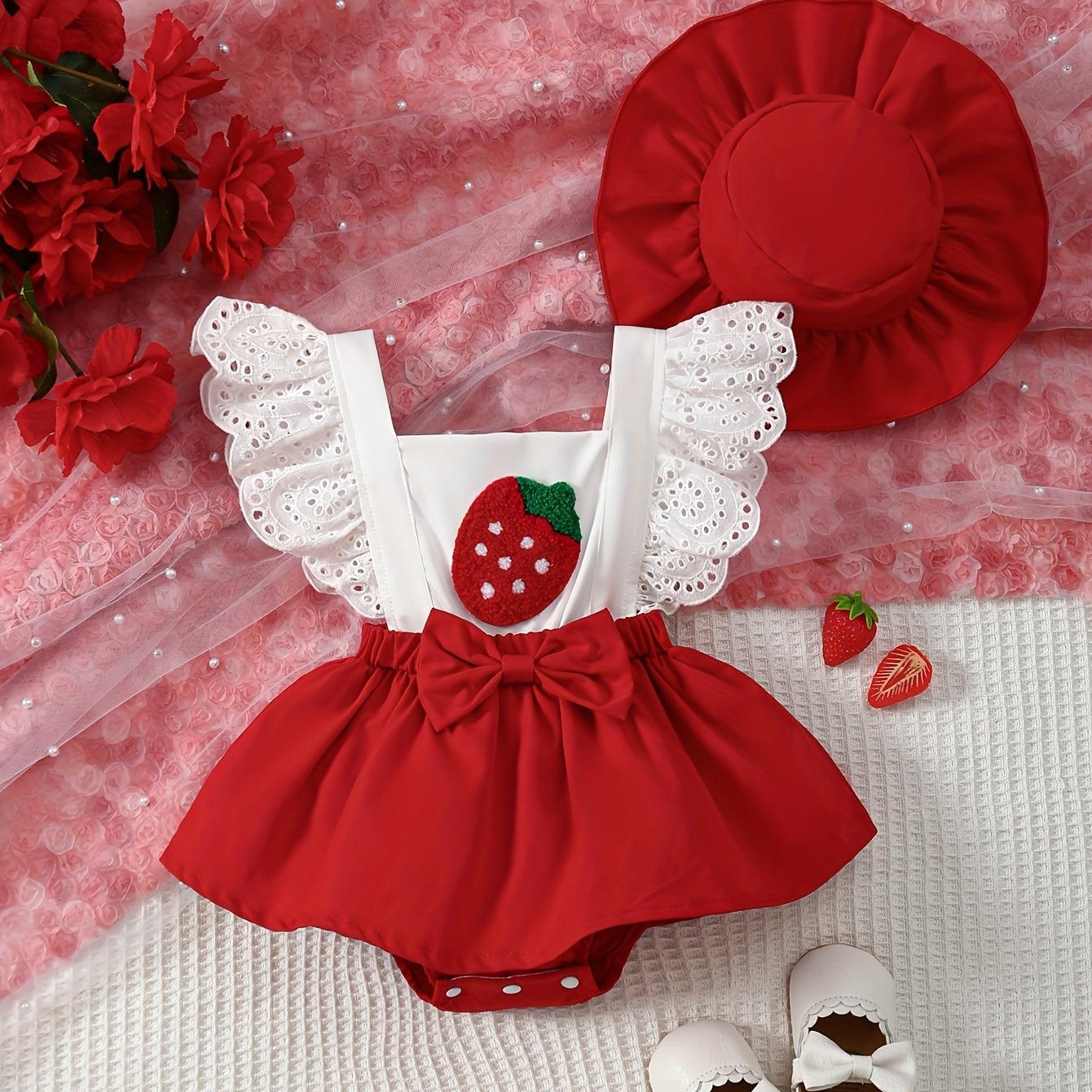 

Baby's Strawberry Patchwork Adorable Triangle Bodysuit &hat, Casual Eyelet Embroidered Cap Sleeve Romper, Toddler & Infant Girl's Onesie For Summer, As Gift