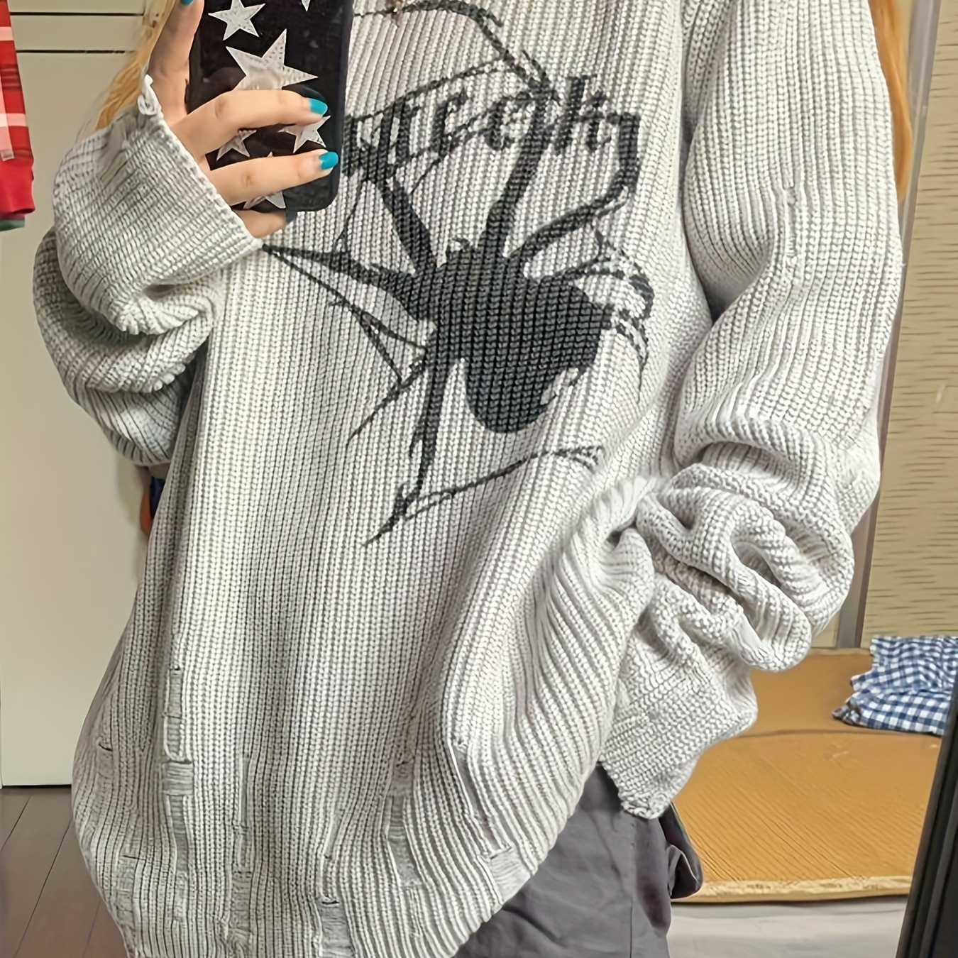 

Gothic Spider Pattern Ripped Pullover Sweater, Vintage Long Sleeve Streetwear Oversized Sweater, Women's Clothing