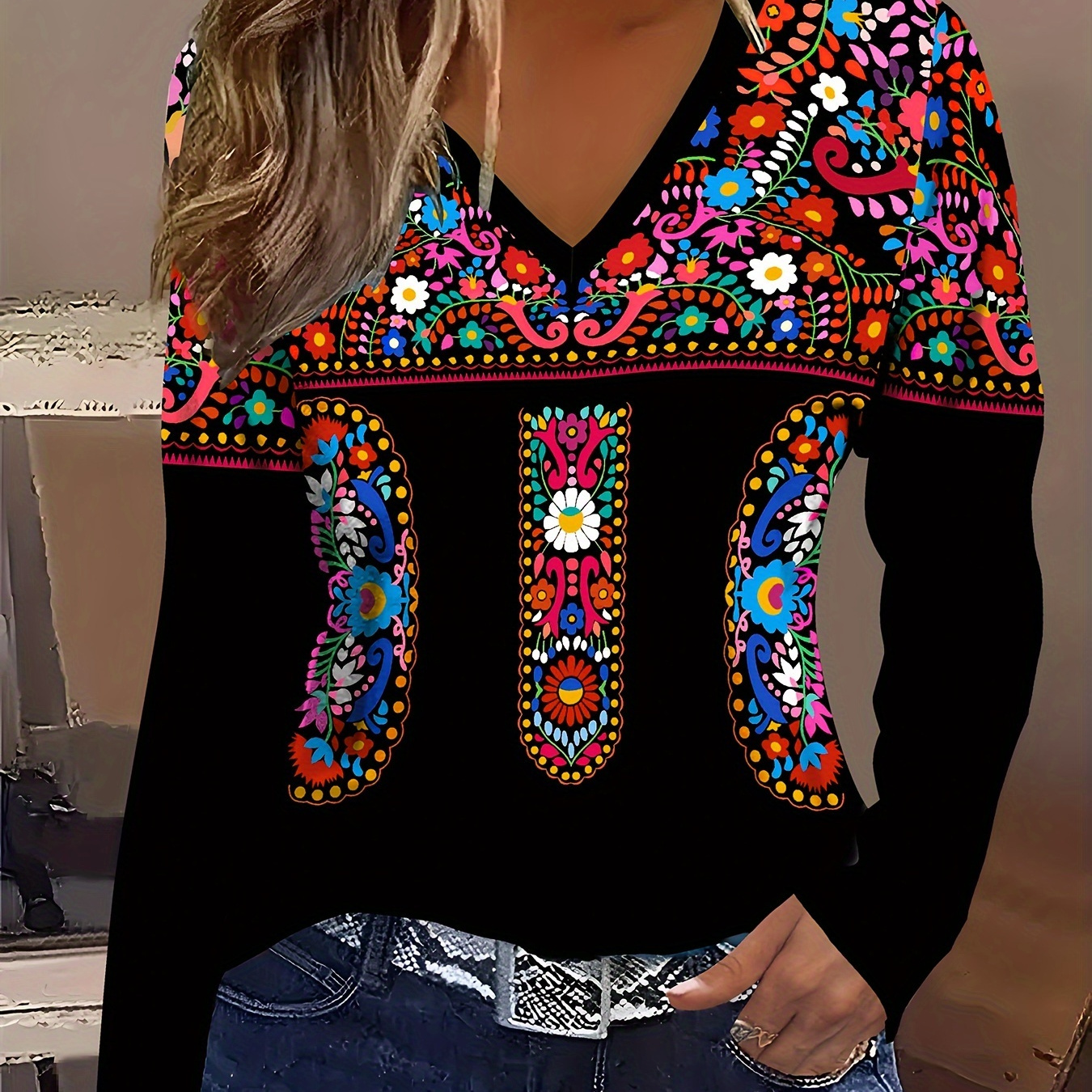 

Festive V-neck Long Sleeve T-shirt With Vibrant Floral Embroidery - Women's Casual Fall/winter Top