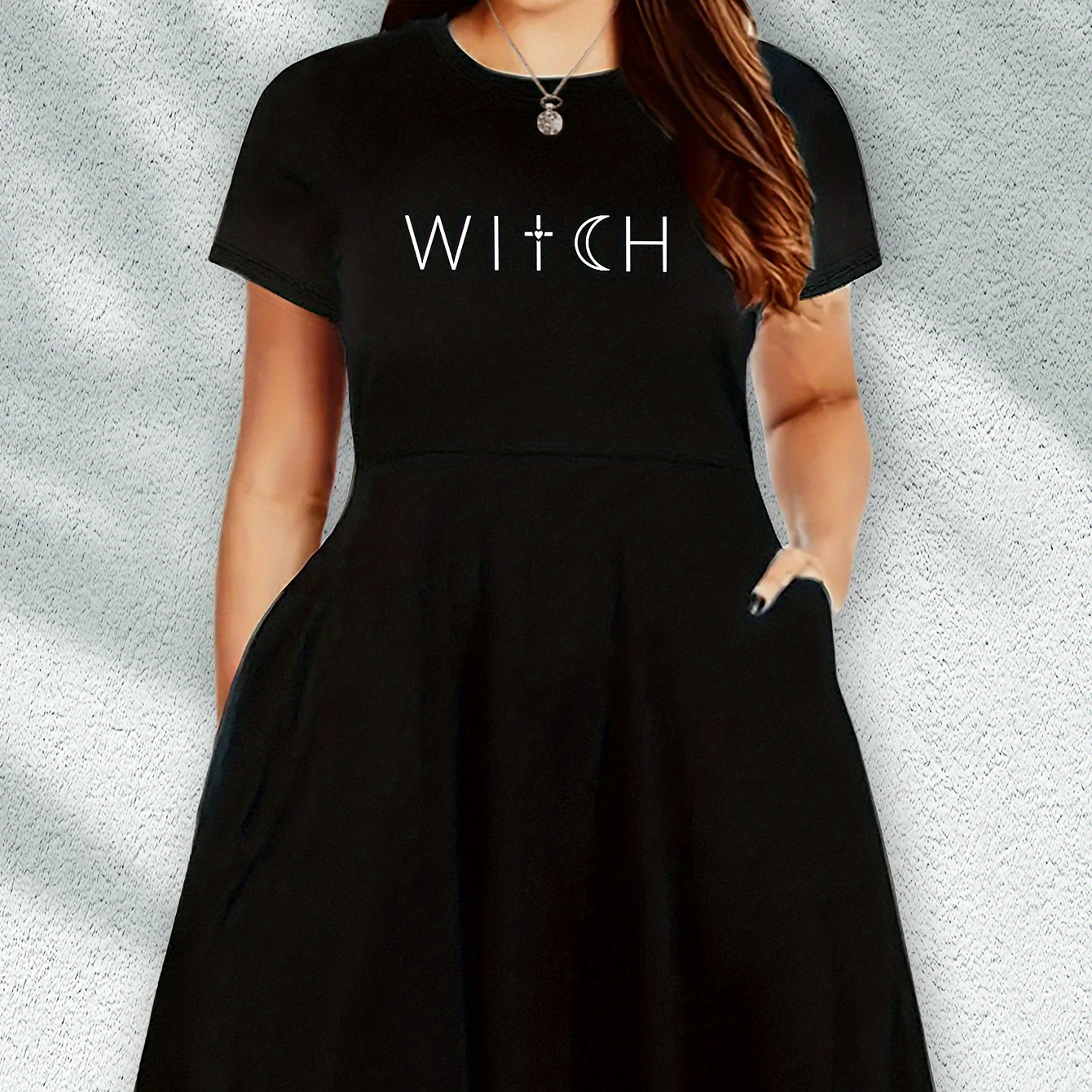 

Plus Size Witch Letter Print Dress, Crew Neck Short Sleeve Casual Dress For Spring & Summer, Women's Plus Size Clothing