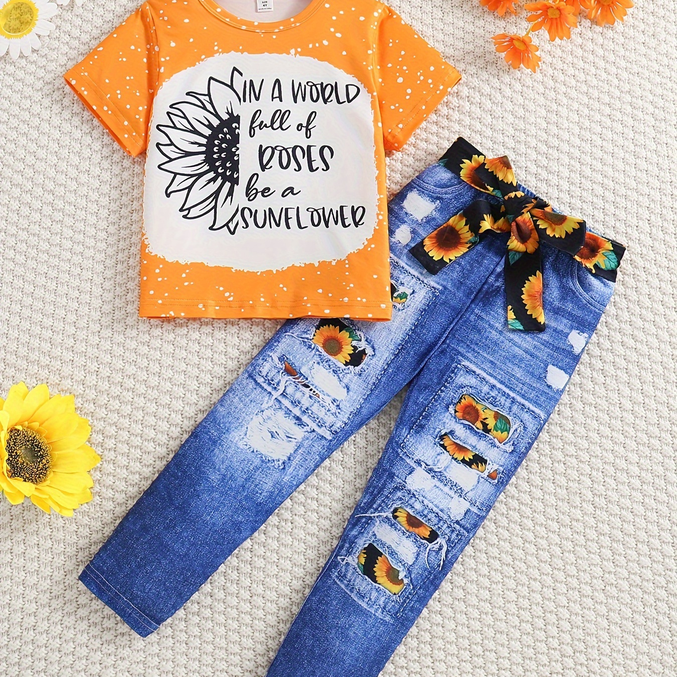 

Sunflower Girls 2pcs Short Sleeve Graphic T-shirt + Imitation Denim Print Pants (not Jeans) Set, Casual Outfit Summer Clothes