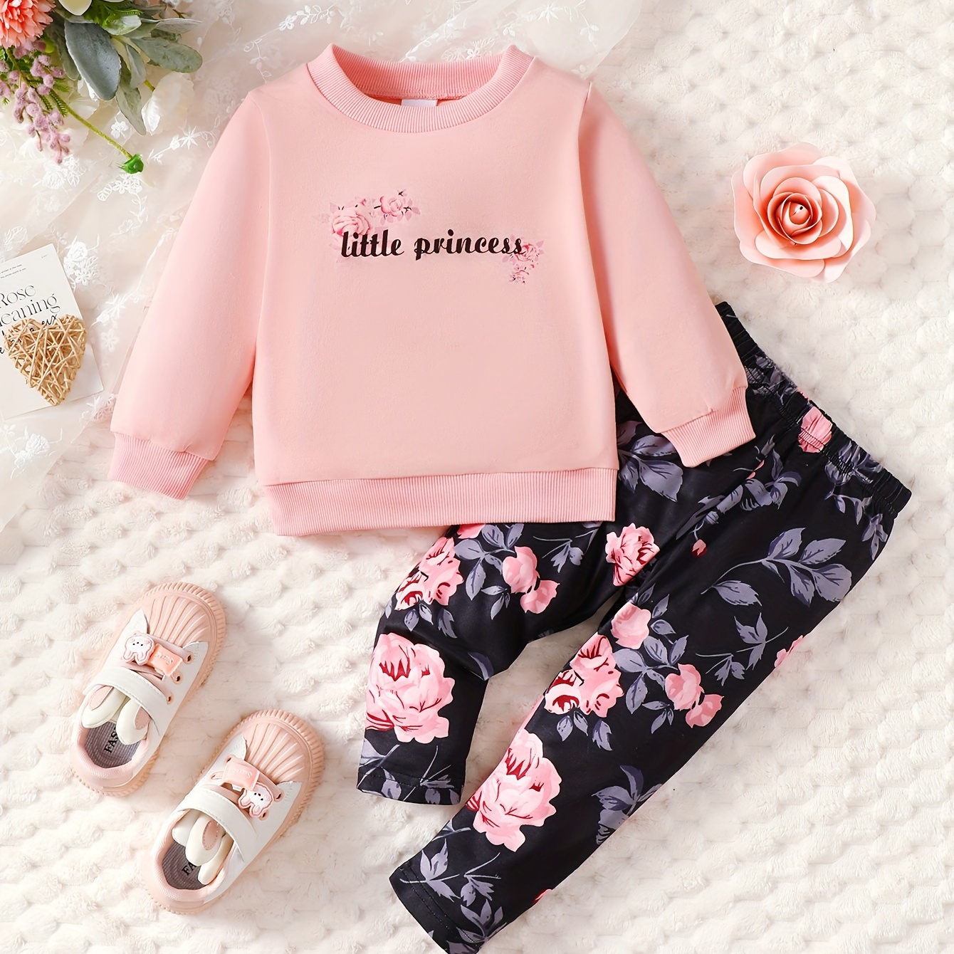 

2pcs Baby Girls Fashion Casual Print Pink Pullover & Floral Allover Random Print Slim Fit Trousers For Autumn And Winter