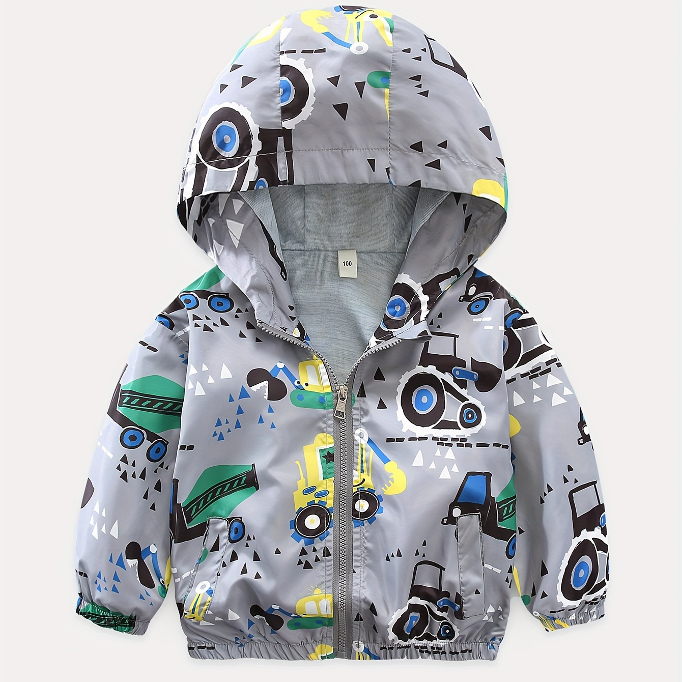 

Children's Hooded Jacket Gray Excavator Print Zipper Coat Top For Girls And Boys Kids Clothes