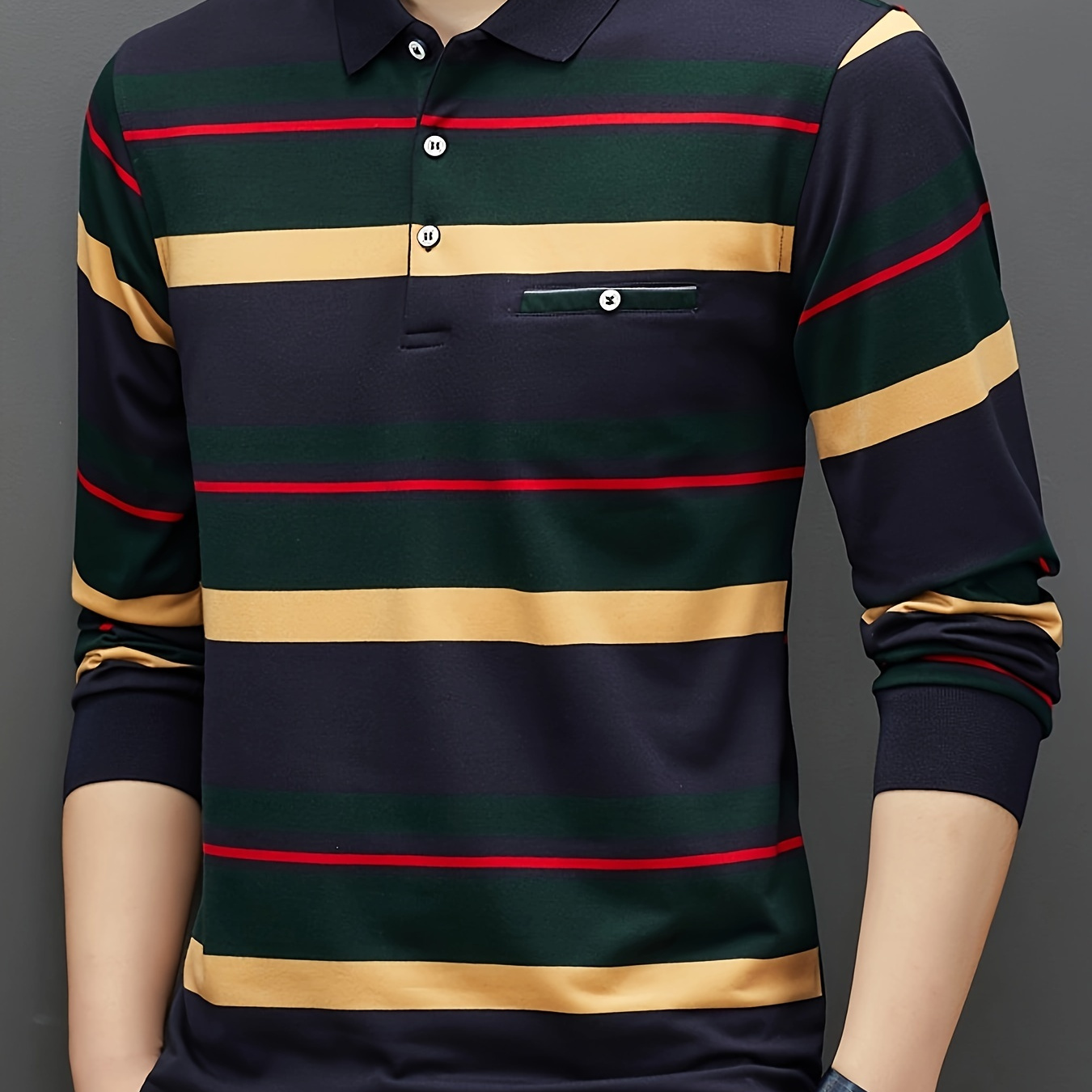 

Men's Striped Design Long Sleeve Lapel Golf Shirts, Casual Style Slight Stretch Regular Fit Summer Tops For Spring And Autumn