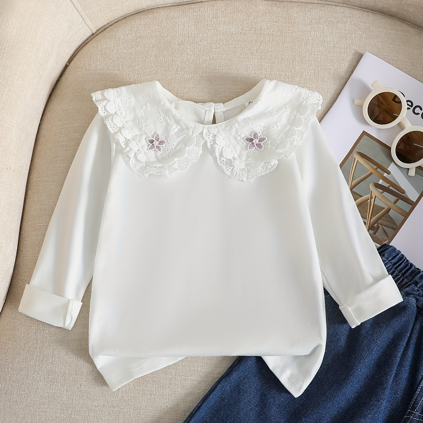 

Adorable Girls' Long-sleeve Doll Collar T-shirt - Soft Cotton , Spring & Fall
