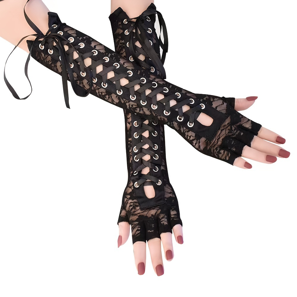 Women Black Lace Long Gloves Bandage Half-finger Arm Elbow