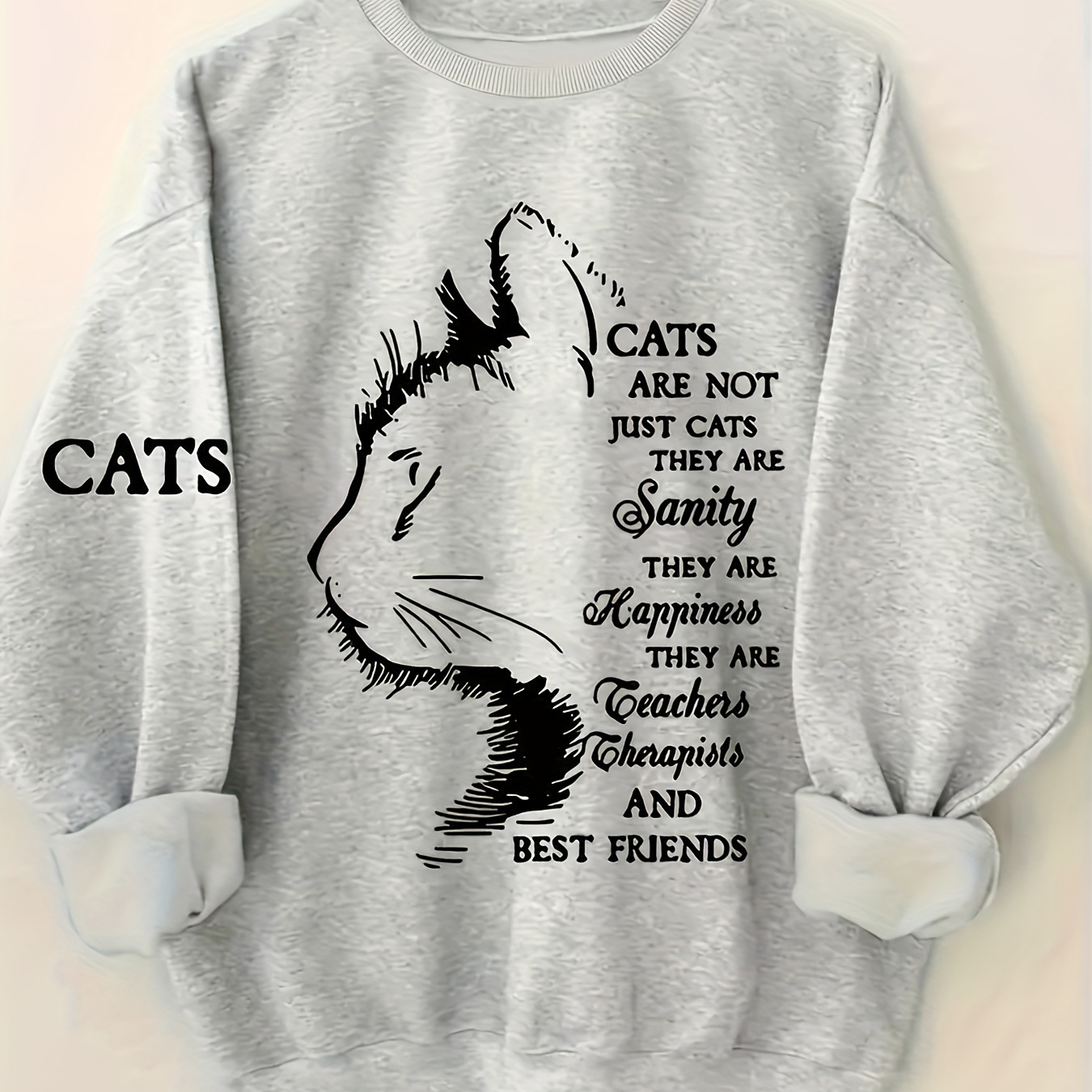 

Women's Polyester Cartoon Cat Graphic Sweatshirt - Casual Crew Neck Knit Fabric Pullover For Fall/winter - Cat Lovers Casual