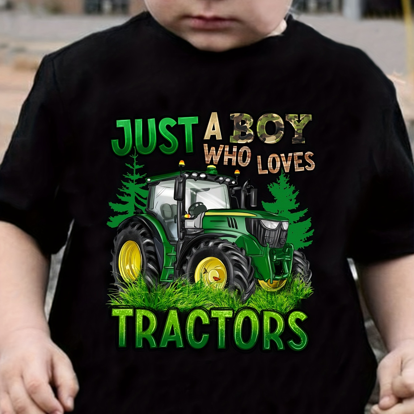 

just A Boy Who Tractors" & Tractor Graphic Design T-shirt For Kids, Trendy Short Sleeve Top For Spring And Summer, Boy's Clothing