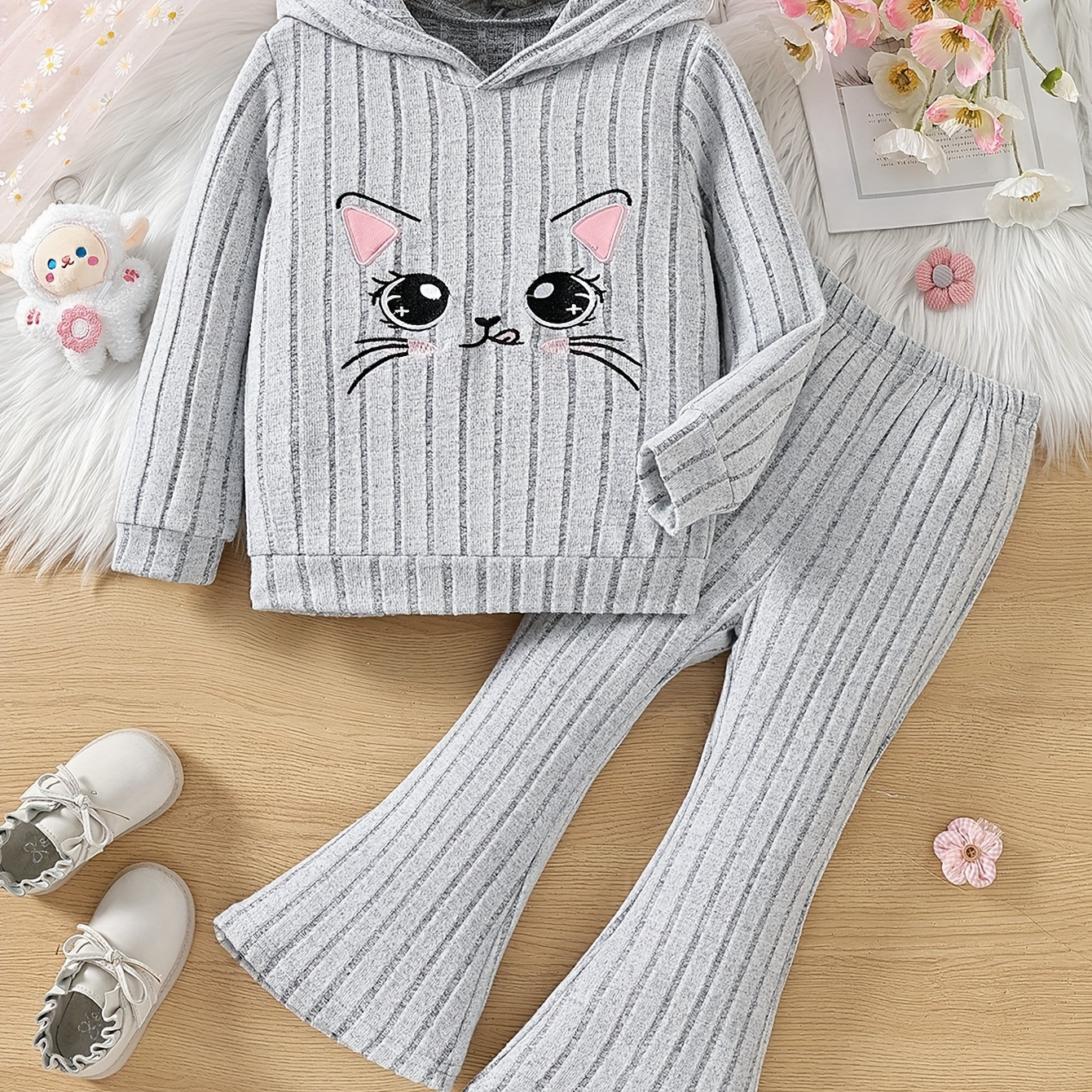 

2pcs Girls Ribbed Knit Kitty Embroidery Hoodies + Flare Pants Set For Spring Fall Gift