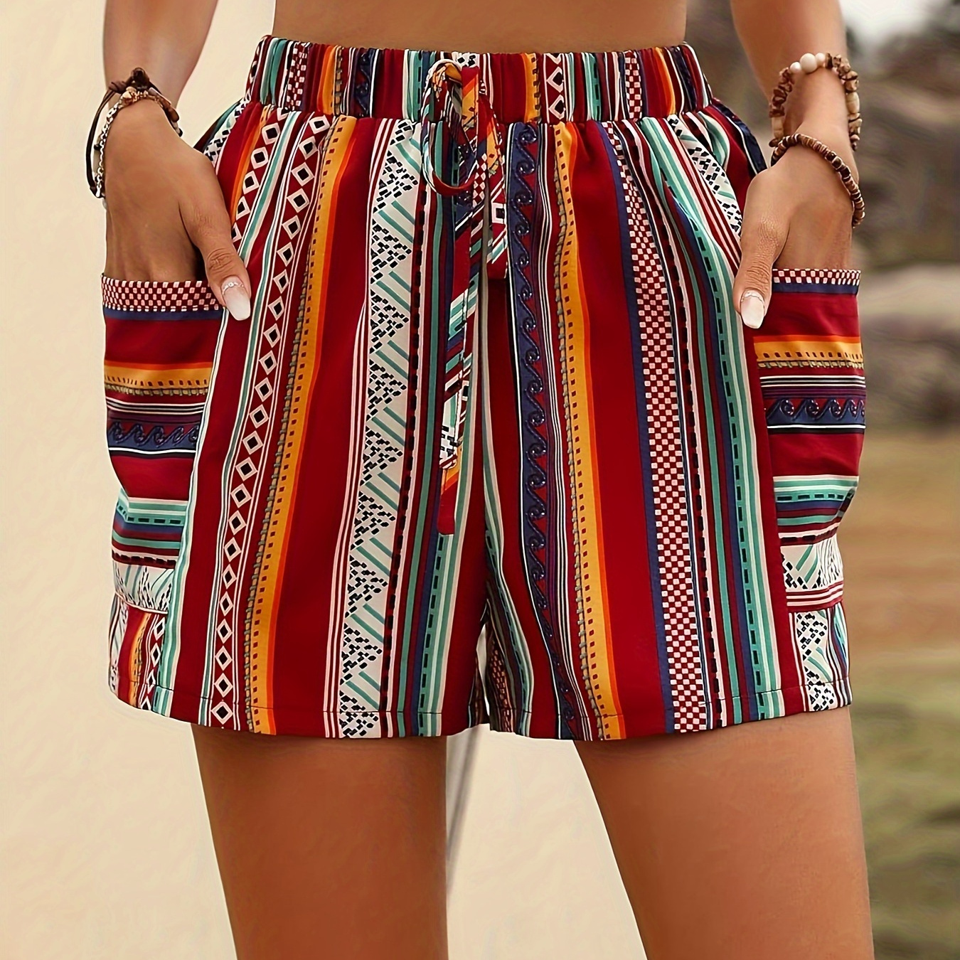 

Striped Print Pocket Design Shorts, Elegant Elastic High Waist Tie Shorts For Spring & Summer, Women's Clothing