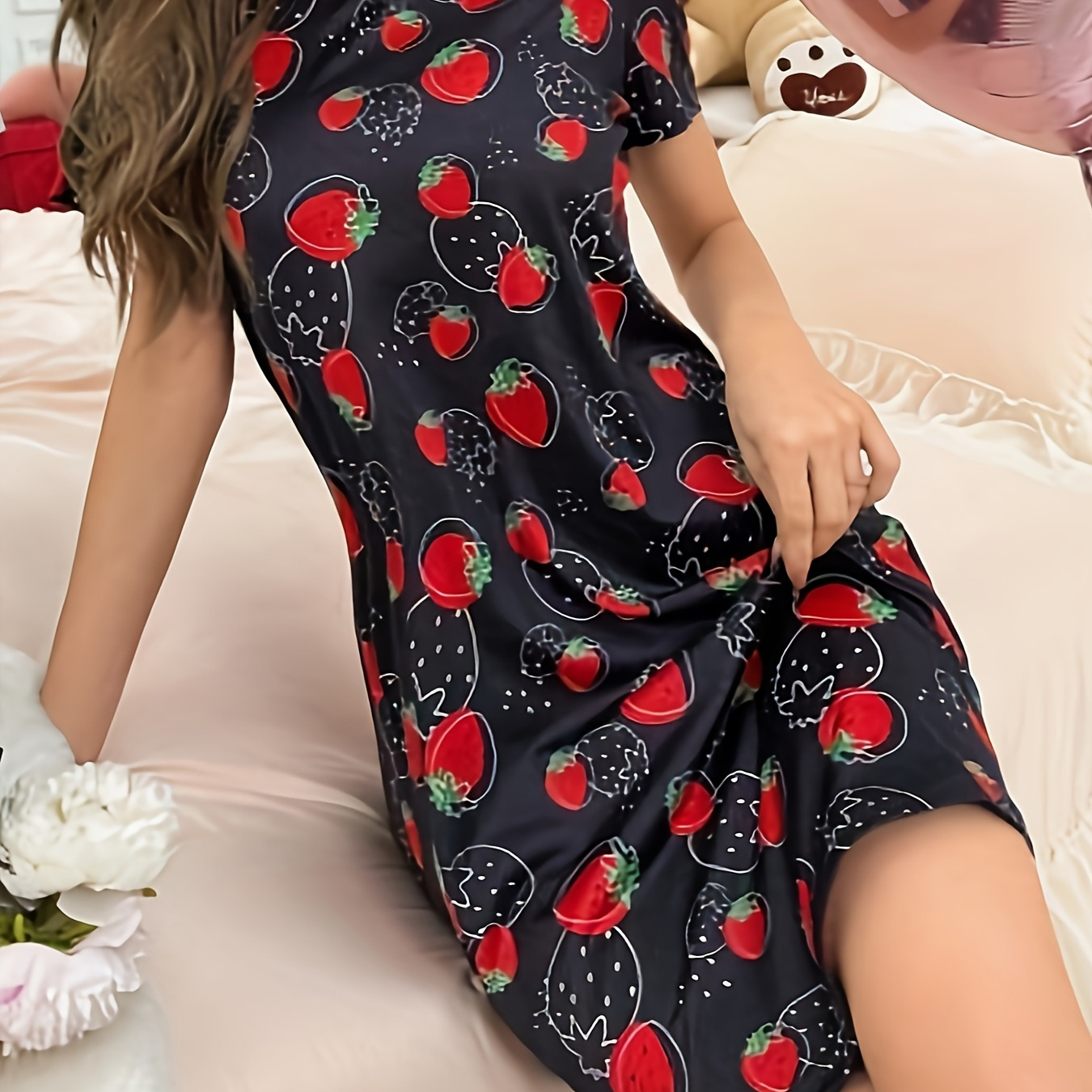 

Strawberry Print Nightgown, Casual Short Sleeve Round Neck Loose Fit Dress, Women's Sleepwear