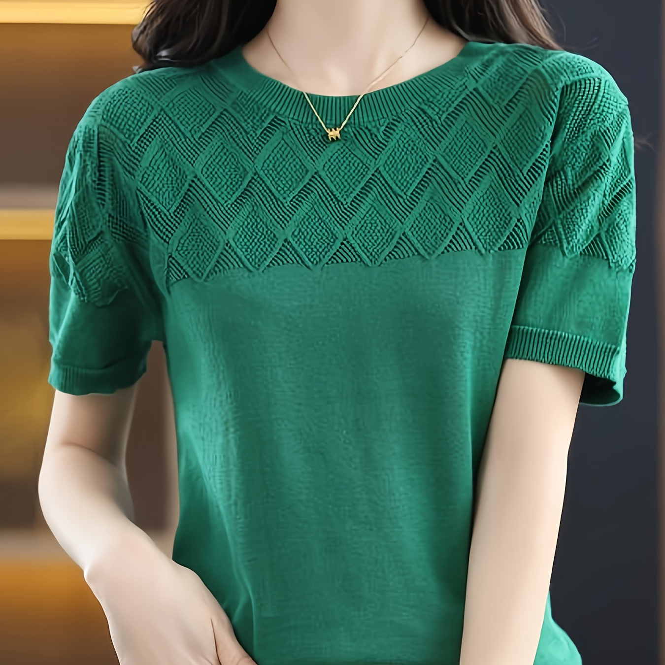

Solid Crew Neck Knit Sweater, Elegant Short Sleeve Pullover Sweater, Women's Clothing