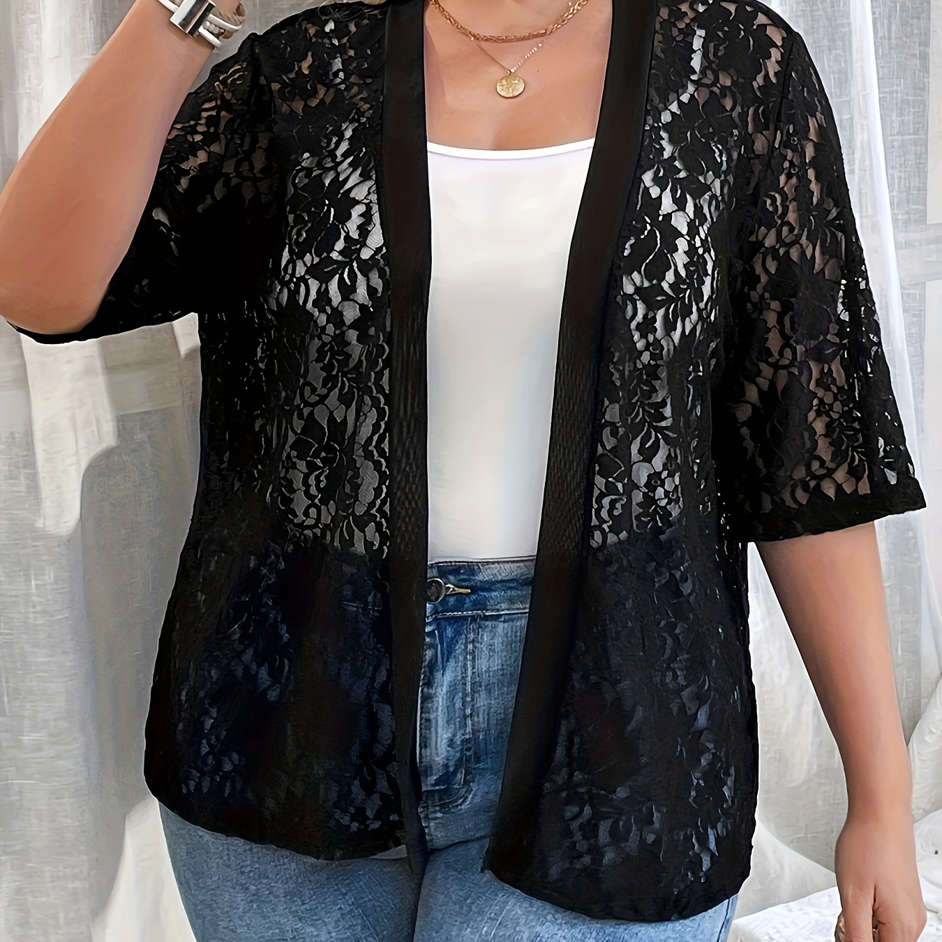 

Plus Size Lace Stitching Open Front Top, Casual Half Sleeve Top For Spring & Summer, Women's Plus Size Clothing