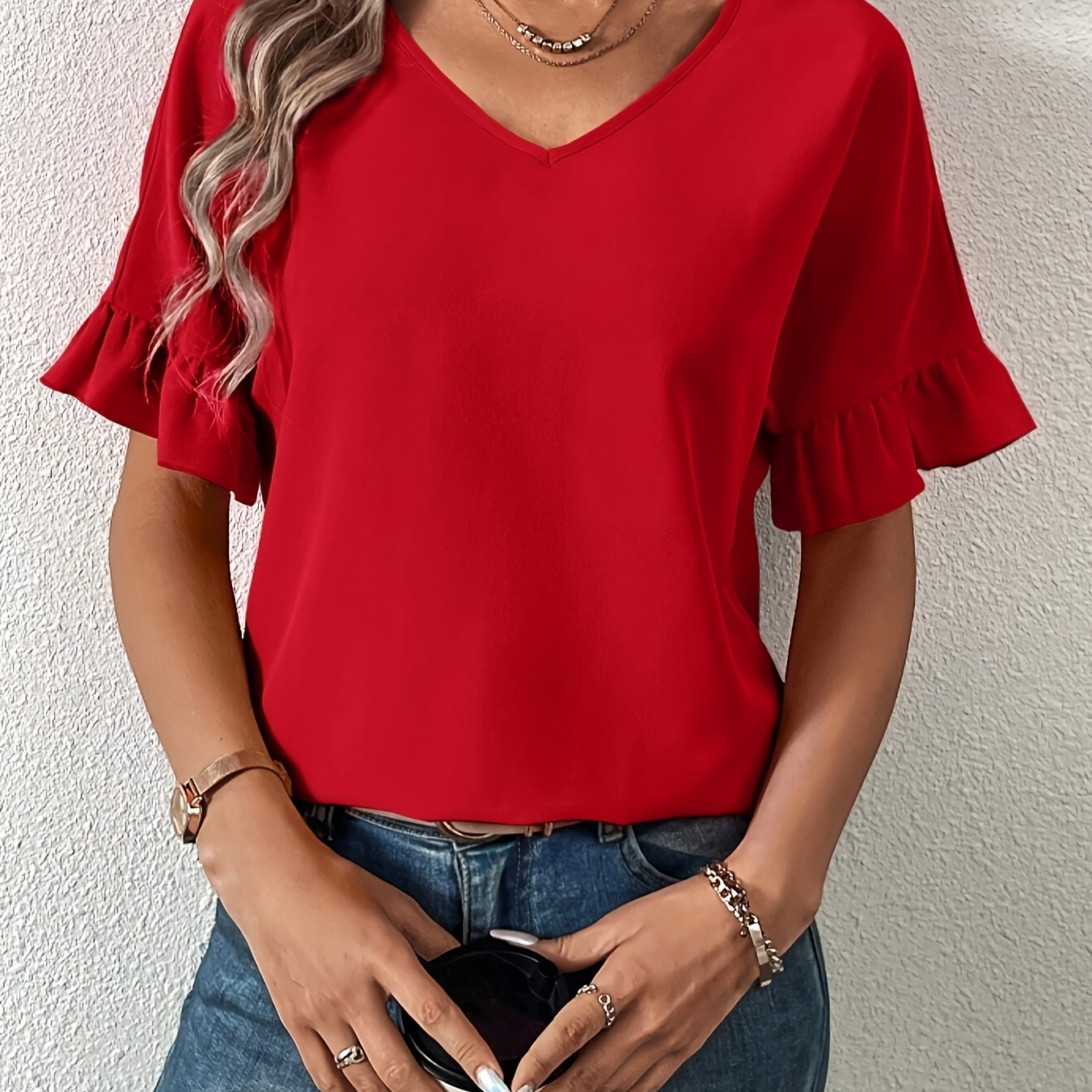 

1pc Elegant V-neck Ruffle Sleeve Blouse For Women, Solid Color Polyester Casual Top, Shirt, Woven Fabric, Adult Apparel