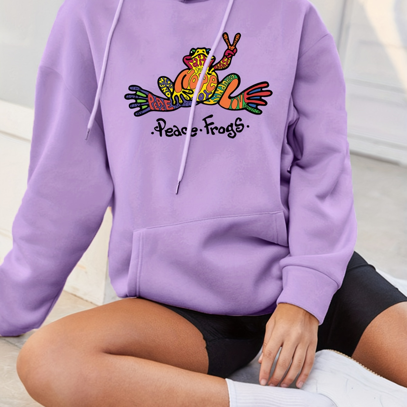 

Colorful Frog Print Hoodie, Cute Drawstring Kangaroo Pocket Hoodies Sweatshirt, Women's Clothing