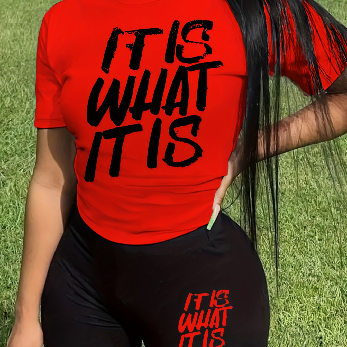 

It Is What It Is Print Casual Two-piece Set, Crew Neck Short Sleeve Top & Shorts Outfits, Women's Clothing