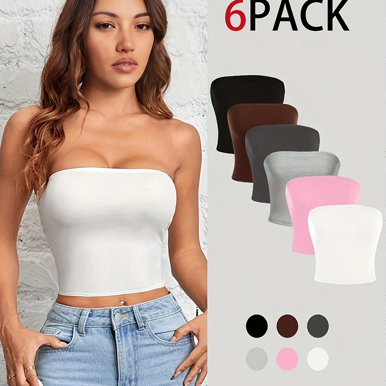 

6 Pcs Solid Color Skinny Tube Top, Y2k Straight Neck Strapless Crop Top For Summer, Women's Clothing