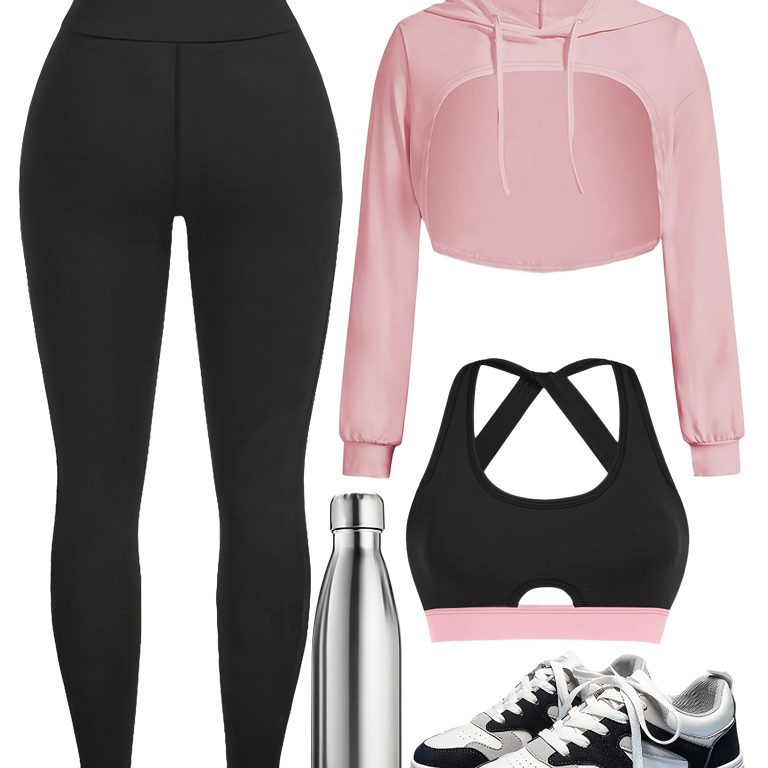 

Women'-piece Set: Tight Trousers + Long-sleeved Hooded Vest + Bra. Women's Color-matching Fashion Casual Sports Fitness Running Suit. Yoga Long-sleeved Top And Tight Leggings Bra Set