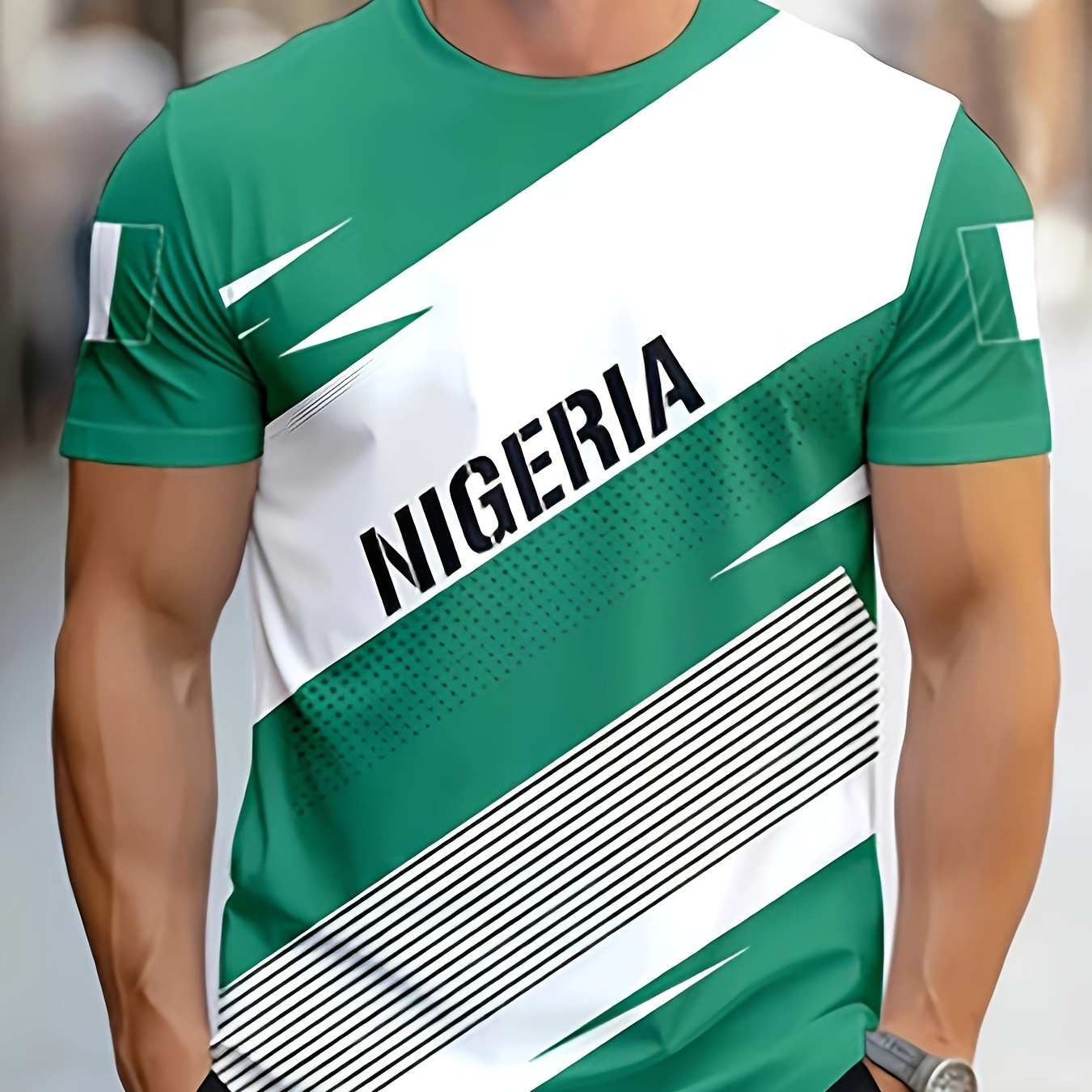 

Men's 'nigeria' Color Blocking Print Short Sleeve Crew Neck T-shirt, Casual As Gift, Outdoor Cloth