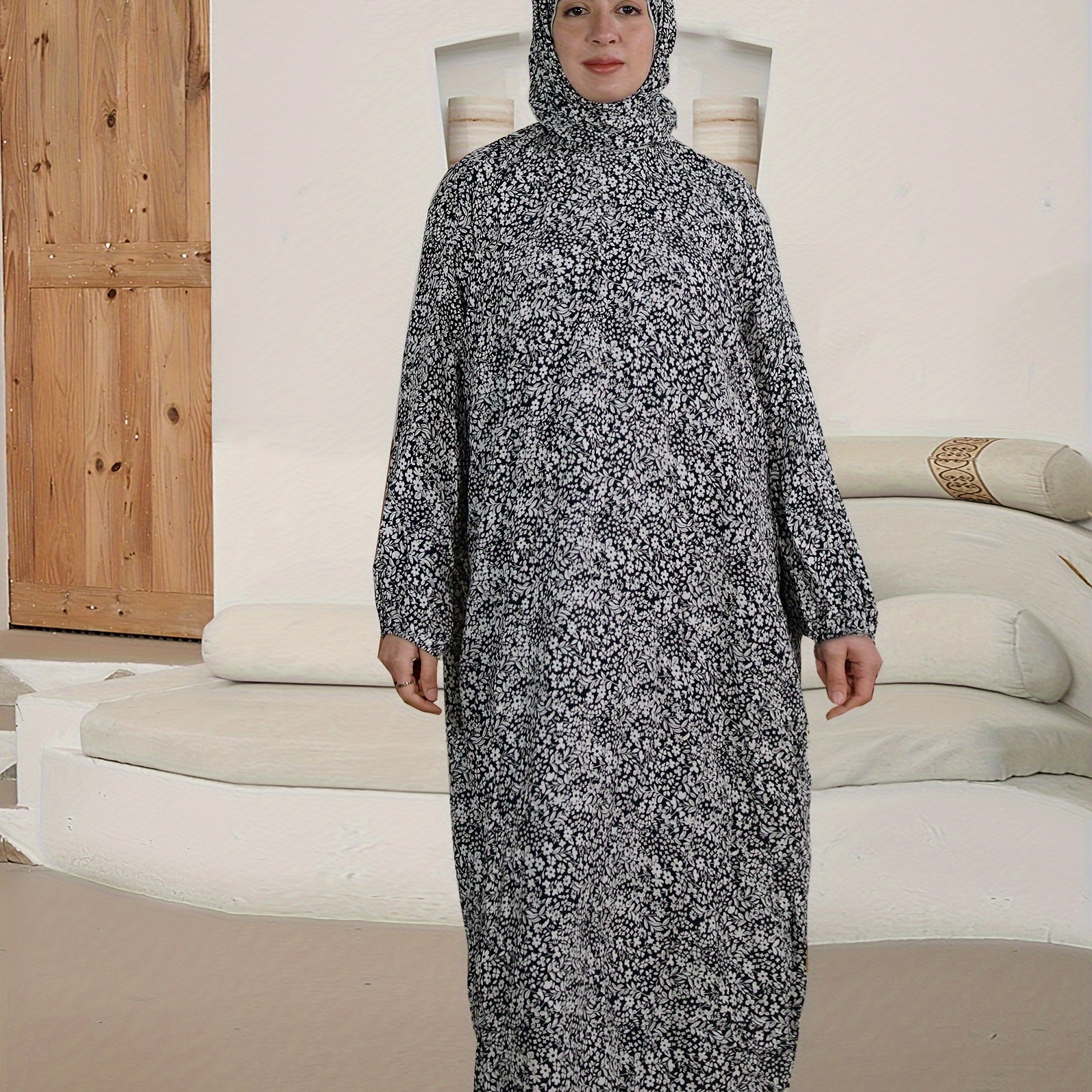 

Ramadan Floral Print Long Sleeve Kaftan Dress, Maxi Length Prayer Robe Scarf Dress, Women's Clothing