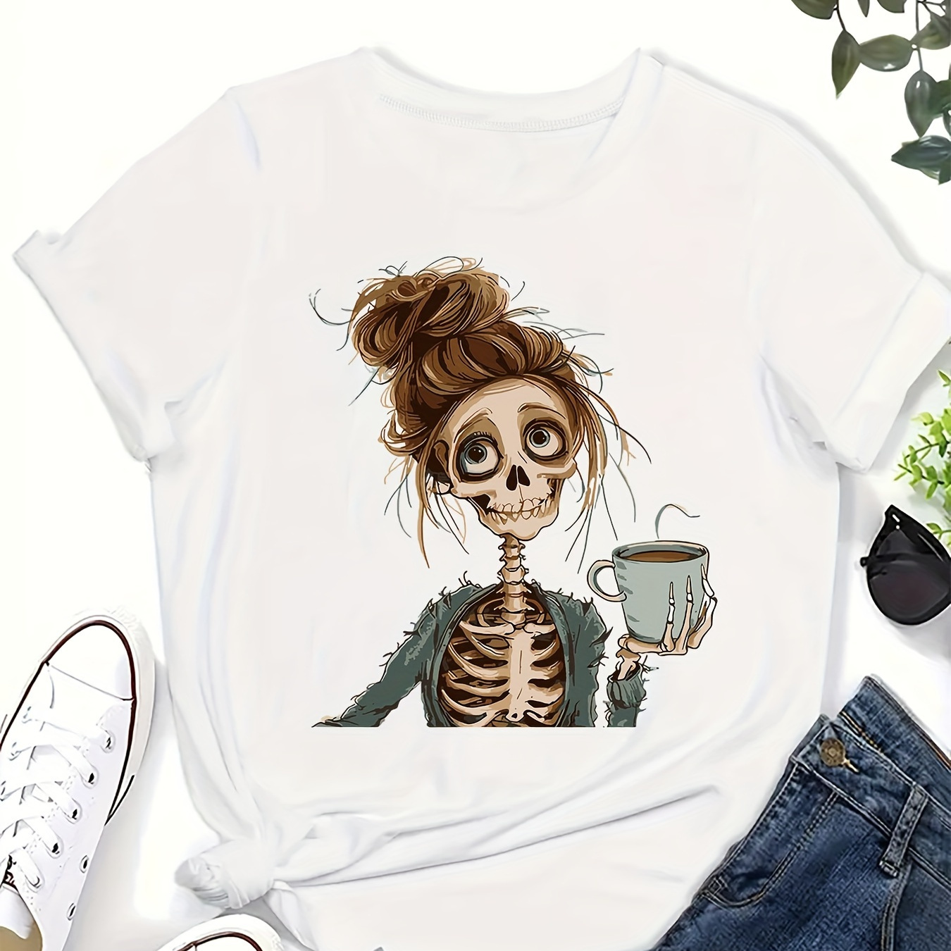 

Skull Neck T-shirt, Casual Short Sleeve T-shirt For , Women's Clothing