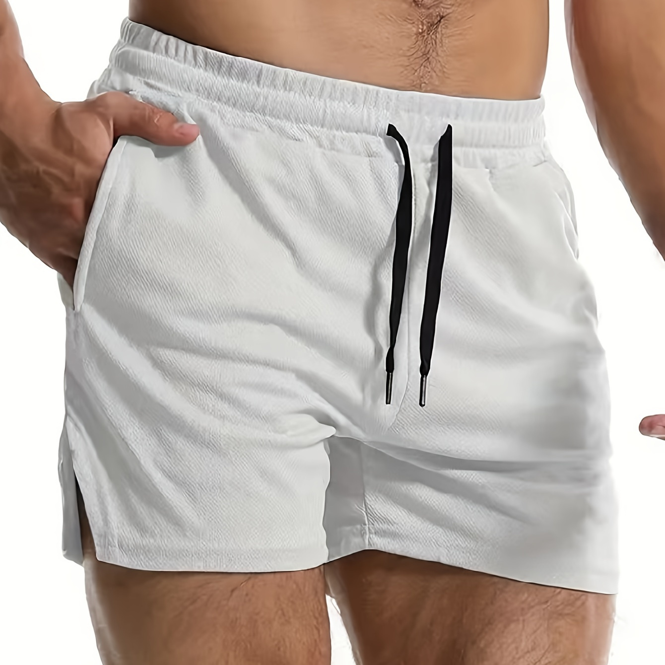 

Men's Solid Split Shorts With Pockets, Casual Elastic Waist Drawstring Shorts For Summer