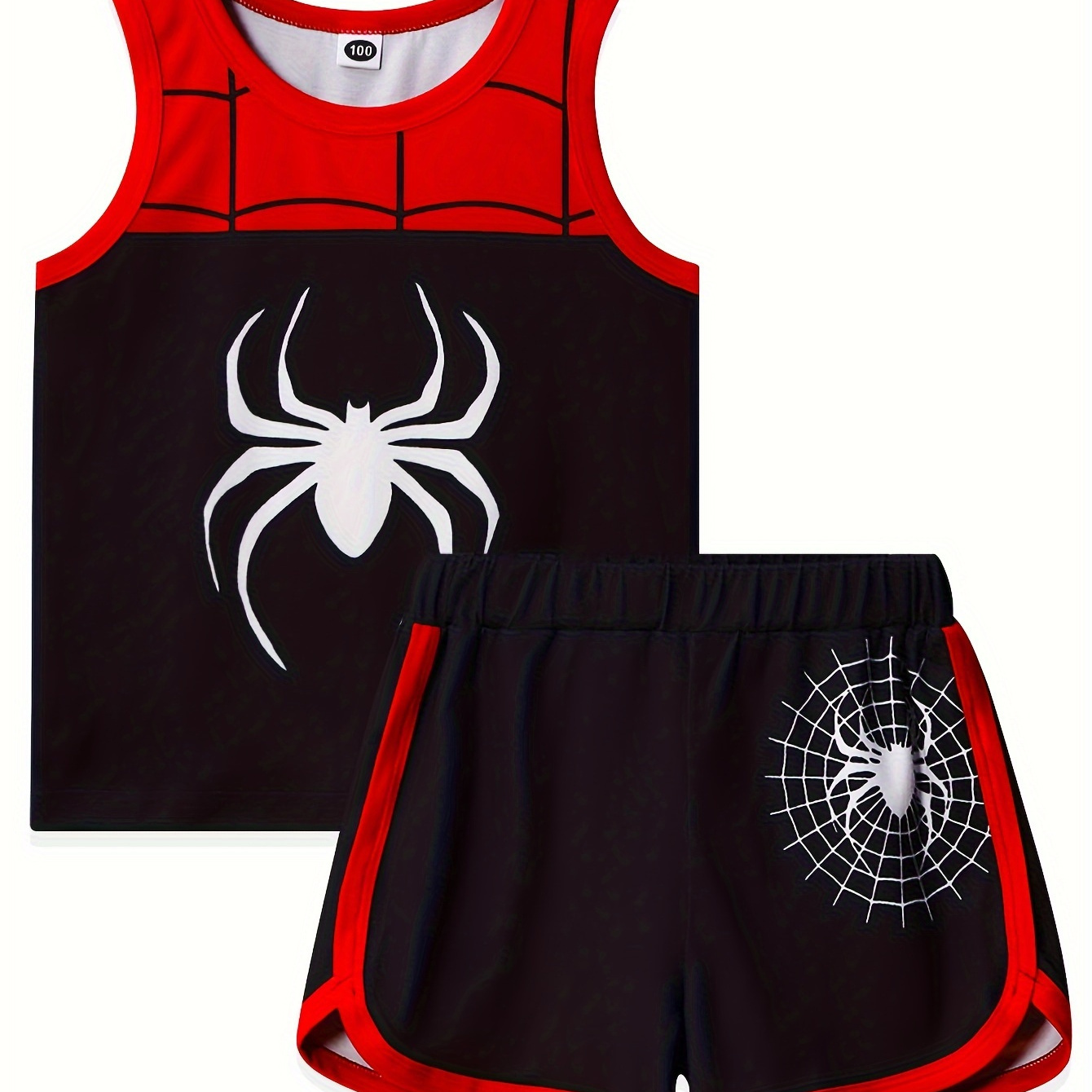 

2pcs Cartoon Spider Print Boys Creative Sleeveless Tank Tops&shorts Set, Casual Vest&shorts, Boys Clothing
