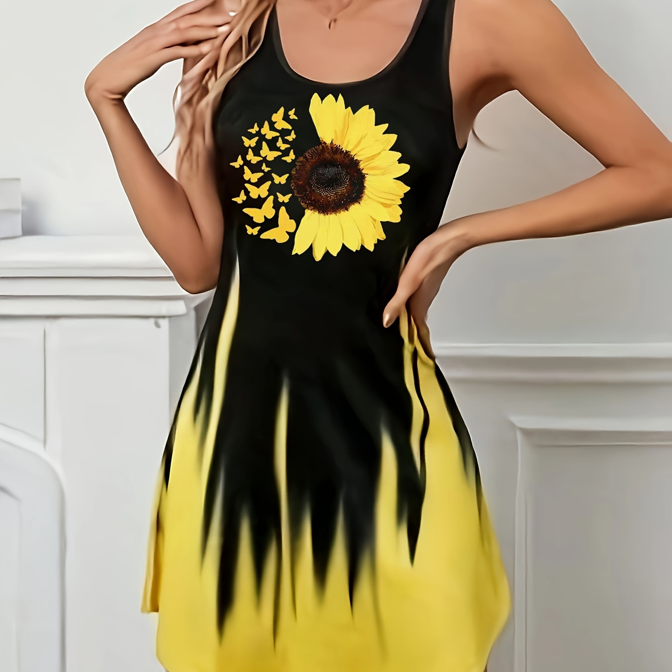 

Sunflower Print Ombre Tank Dress, Casual Crew Neck Sleeveless Dress For Spring & Summer, Women's Clothing