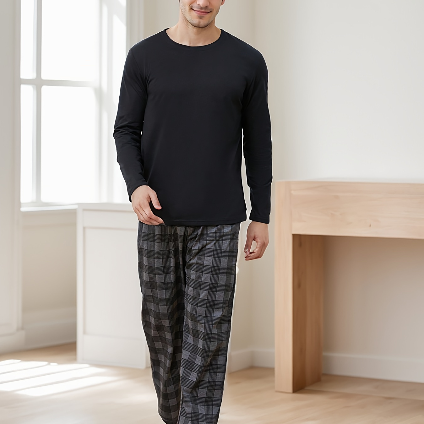 

Ensemble de pyjama géométrique de base pour hommes - Tissu tricoté en polyester, col rond, élasticité, collection printemps/automne, vêtement de maison casual avec haut à manches longues et pantalon