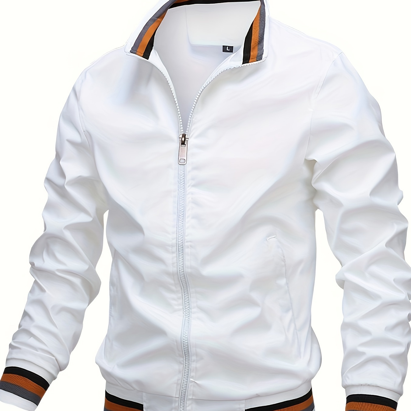 

Men's Stripe Pattern Long Sleeve Zipper Down Stand Collar Jacket, Chic And Trendy Regular Fit Windbreaker Jacket For Spring And Autumn Outdoors And Sports Wear