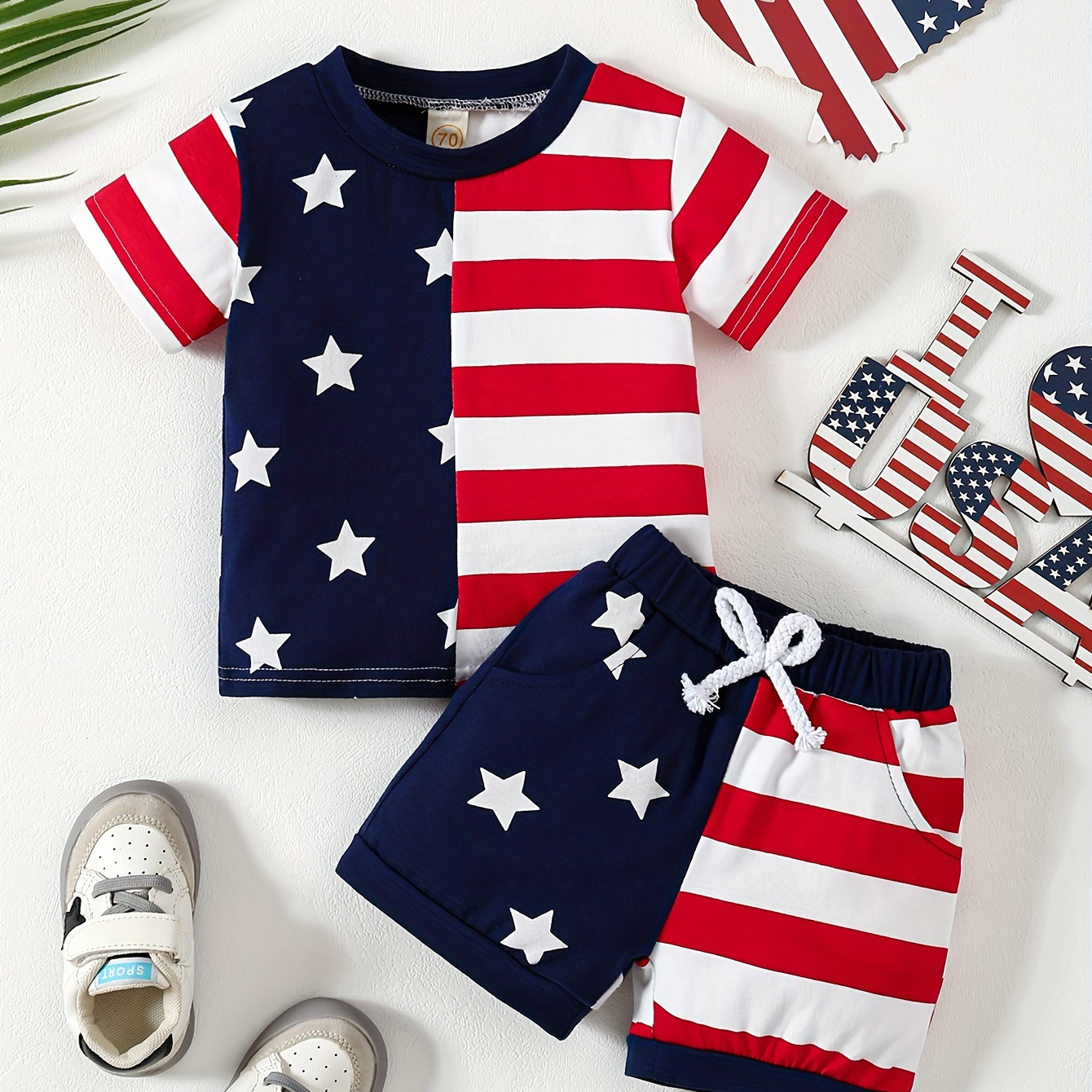 

2pcs Star & Stripe Pattern Independence Day Outfit For Infant & Toddler, T-shirt & Shorts, Baby Boy's Clothes