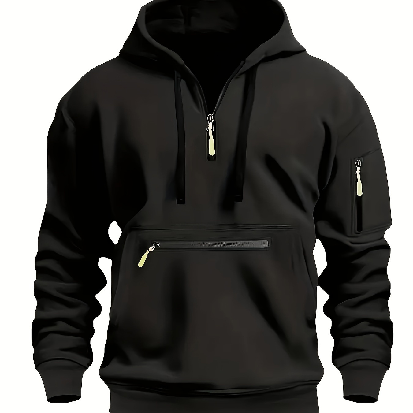 

Men's Casual Sporty Black Hoodie With Multiple Zip Pockets - Cozy Long Sleeve Pullover, Polyester, Fall/winter , Apparel|sporty Design|ribbed Cuffs, Zip Up Hoodie