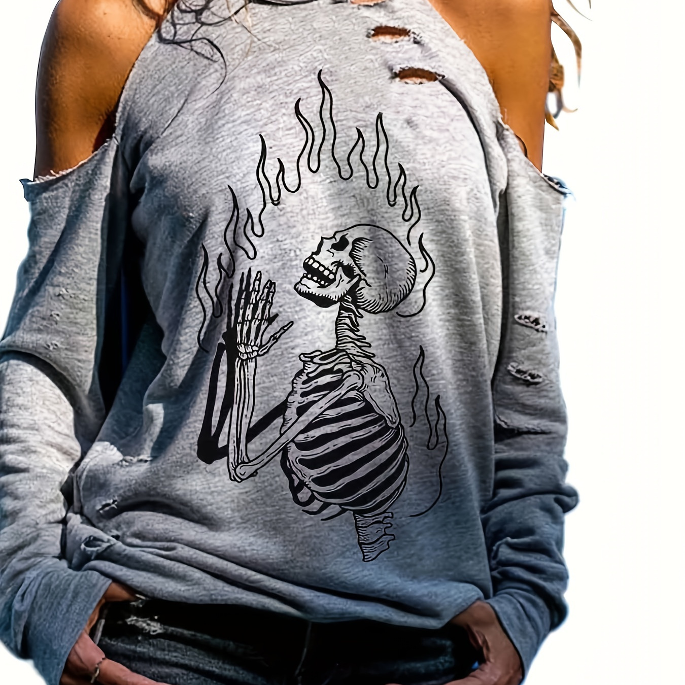 

Plus Size Off-shoulder Halloween Skeleton Tee - Stretchy & Soft Polyester , Machine Washable, Casual Fit For Spring/summer/fall, Grey With Flame Detail