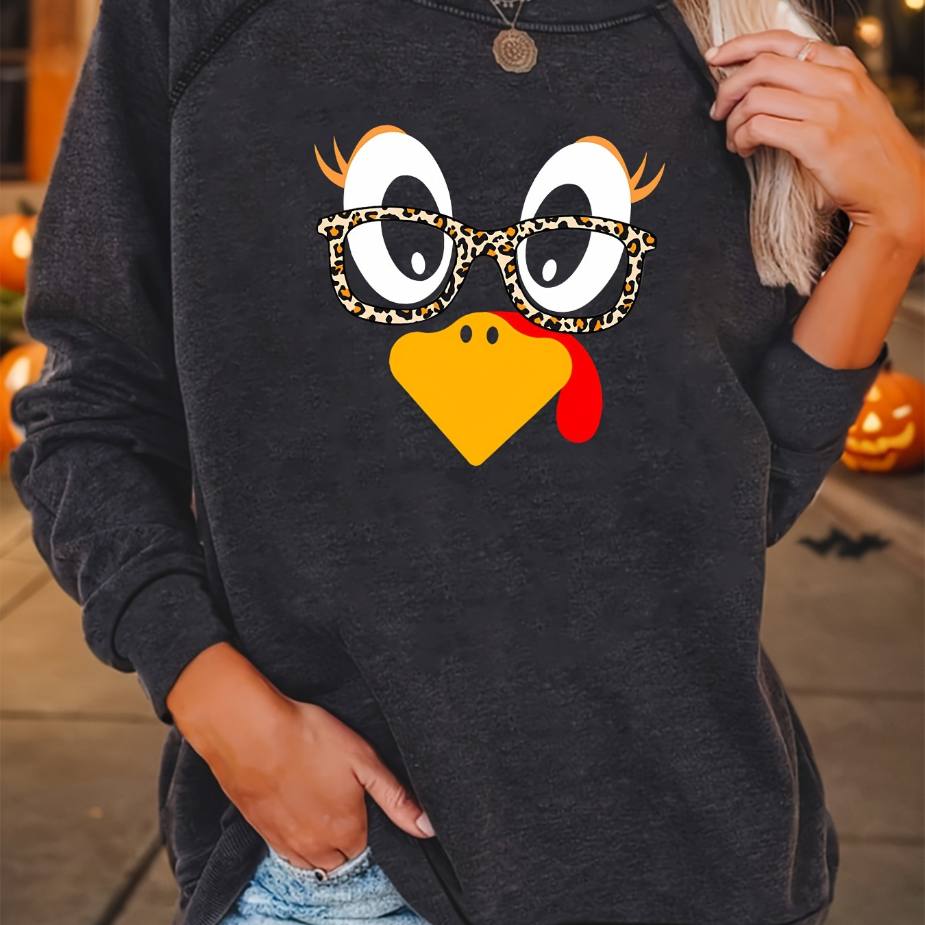 

Women's Thanksgiving Turkey Print Sweatshirt - Casual Crew Neck, Long Sleeve Pullover For Fall & Spring, Machine Washable