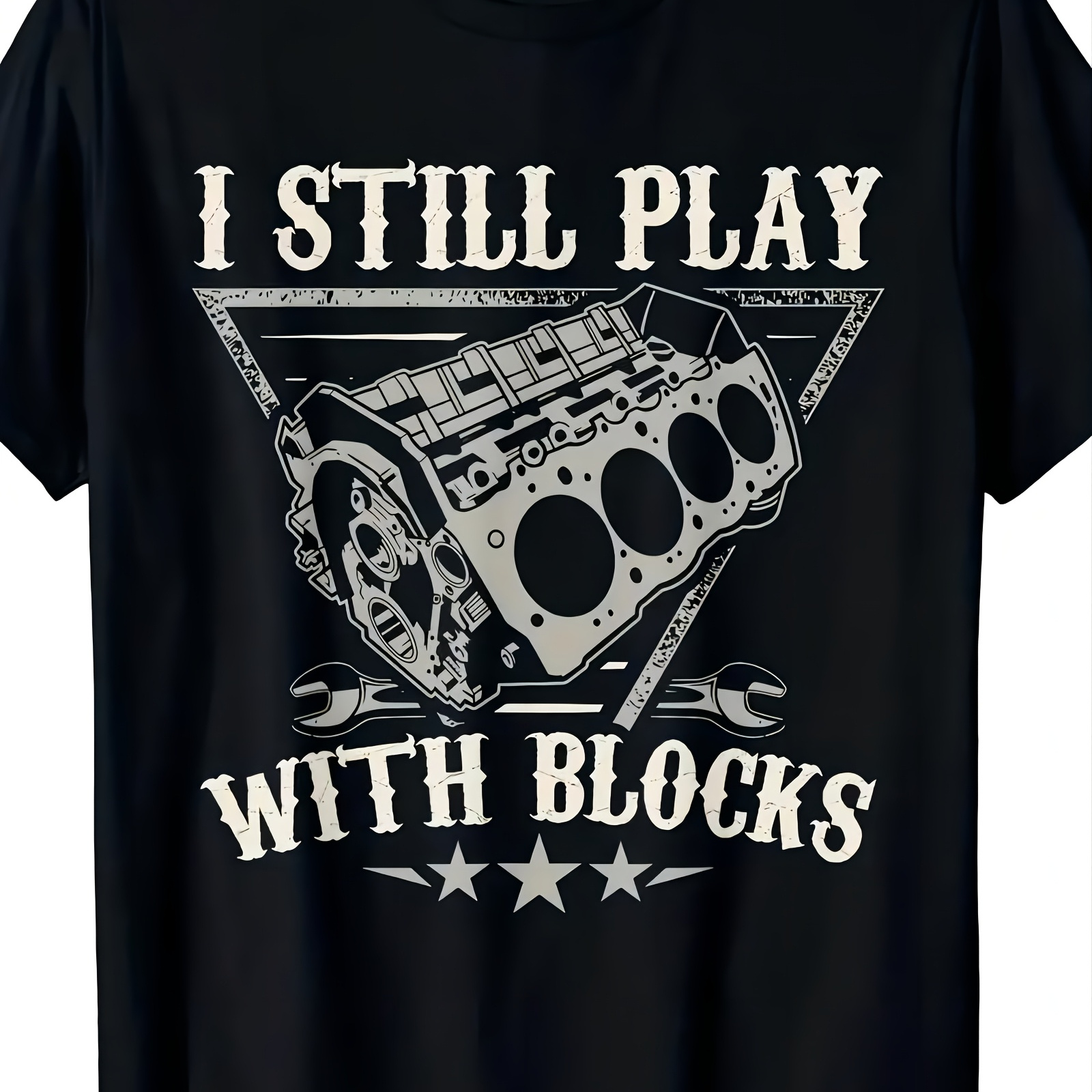 

1pc Men's Casual Summer T-shirt, " Play With Blocks" Engine Design, Polyester Knit, Round Neck, Short Sleeve, Regular Fit, Tee For Automotive Enthusiasts